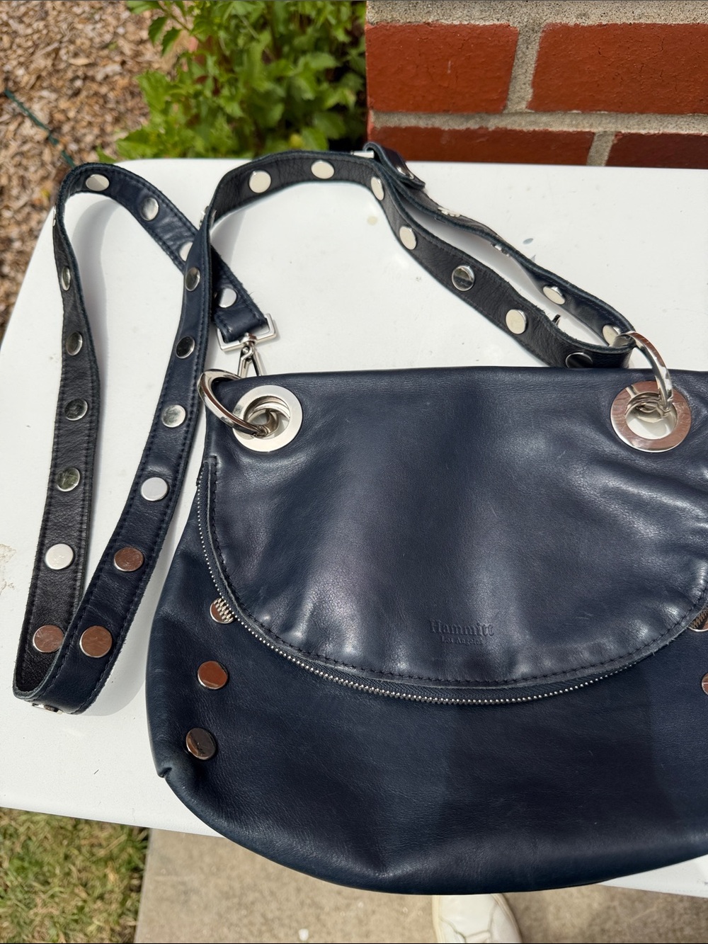 Hammitt Navy or Black reversible Leather Shoulder Bag with Silver Grommets - Picture 5 of 6